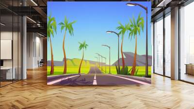 Summer tropical landscape with car road, palm trees and mountains on horizon. Vector cartoon illustration of panoramic scene with highway, green fields, rocks, tropic trees and plants Wall mural