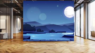 Summer valley with river and mountains on horizon at night. Vector cartoon illustration of nature landscape with water stream, bushes, rocks, and full moon in sky Wall mural