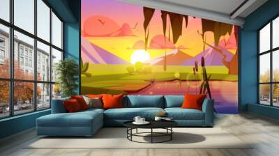 Sunrise and mountain view with reed in swamp water cartoon vector scene. River shore in Japan with marsh and bulrush plant, Peaceful pink valley illustration with nobody and sun light reflection Wall mural