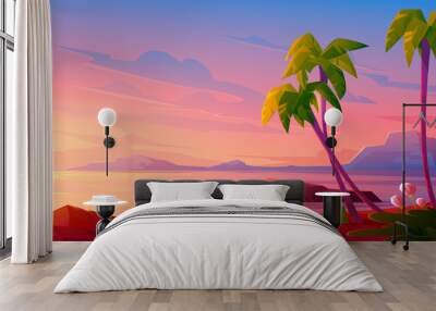 Sunset or sunrise on beach, tropical landscape with palm trees and beautiful flowers on seaside under pink cloudy sky. Evening or morning idyllic paradise, island in ocean, Cartoon vector illustration Wall mural