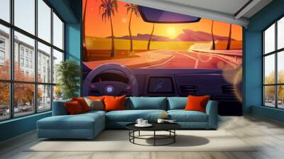 Sunset road with inside car dashboard view summer vector background. Palm tree and sun nature vacation landscape from vehicle windscreen. Unmanned navigation and steering to orange skyline and rock. Wall mural