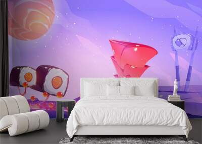 Sushi planet poster with fantasy landscape with trees with roll and ginger and salmon planet in sky. Vector banner of restaurant or arcade game with cartoon illustration Wall mural