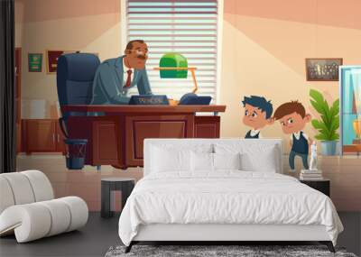 Teacher meeting with kids in principals office. Vector cartoon illustration of kind man school headmaster talk with two guilty boys. Administration cabinet with director and students Wall mural