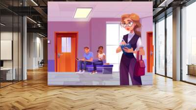 Teacher with in school corridor sunglasses vector background. Closed wc door in university hall illustration with people. College class cabinet entrance and man waiting on bench education game scene Wall mural