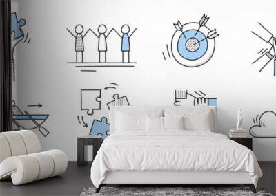 Teamwork icons with people work together, business target, puzzle pieces, handshake and steering wheel. Vector doodle set of team, partnership and organization concept Wall mural