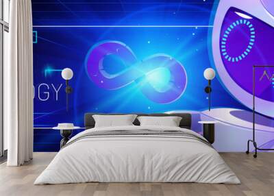 Technology cartoon web banner, artificial intelligence robot at neon glowing hud technological background with infinity symbol. Futuristic ai cyborg or droid, robotics and automation Vector concept Wall mural