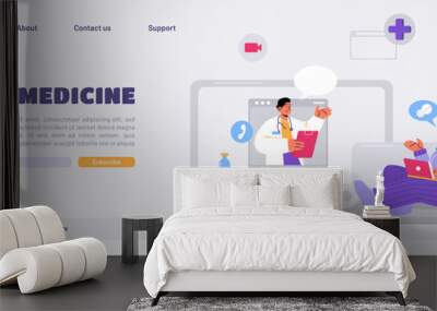 Telemedicine landing page, online medicine concept with doctor and patient communicate via internet. Therapist on laptop screen distantly consulting sick person, health care Line art vector web banner Wall mural