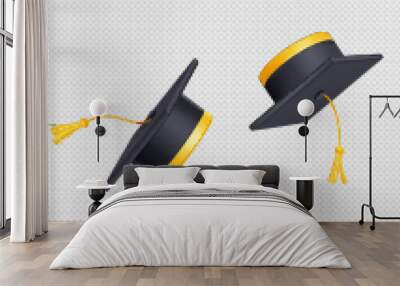 Throw up graduation caps in air. Flying black academic hats with yellow rope tassel isolated on transparent background, 3d vector illustration, angle view Wall mural