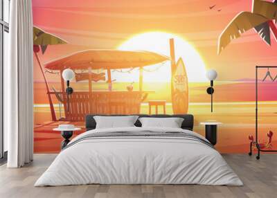 Tiki bar and surfboard on sea sand beach with palm trees on sunset. Cartoon sunrise summer ocean shore landscape with bamboo bungalow with thatch roof. Hawaiian cafe with cocktails and fruit drinks. Wall mural