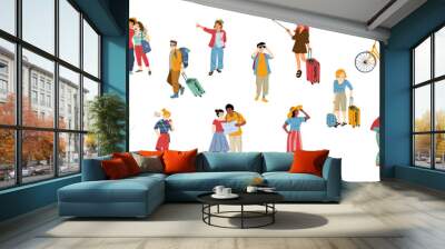 Tourists go sightseeing and take photos in travel. People with phones and maps, walk or riding bike in vacation trip. Friends, couples in journey tour Line art flat vector illustration, isolated set Wall mural