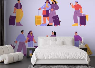 Tourists travel with suitcases and bag. Men, women, friends and couple with luggage go in journey. Vector cartoon illustration of people with baggage isolated on background Wall mural