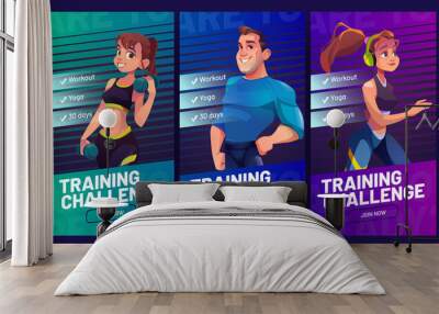 Training challenge vector web banners with cartoon sport characters healthy man and women invite in gym for sport and fitness workout, weight loss and athletic activity, Mobile app onboard screens set Wall mural