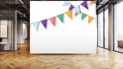 Triangle flag garland for birthday party banner. Fair string pennant bunting decoration to celebrate summer carnaval. Isolated 3d hanging triangular holiday paper border line. Welcome festival element Wall mural