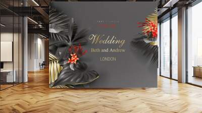 Tropical black and gold leaves on dark background vector poster Beautiful botanical design with golden tropic jungle palm leaves, exotic red flower Wedding ceremony invitation card, christmas greeting Wall mural