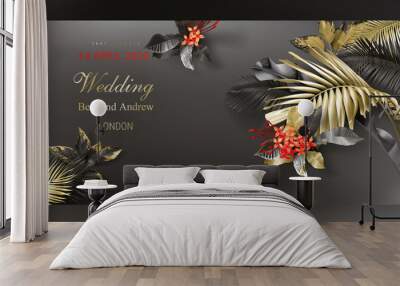 Tropical black and gold leaves on dark background vector poster Beautiful botanical design with golden tropic jungle palm leaves, exotic red ixora flower Wedding ceremony invitation card, holiday sale Wall mural