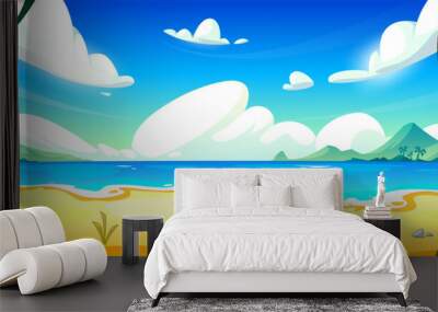 Tropical lagoon landscape with sandy beach and palm trees. Vector cartoon illustration of exotic summer island scenery, waves washing coast, mountains on horizon, clouds in blue sunny sky above water Wall mural