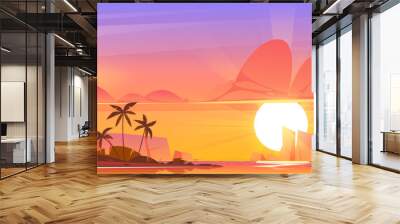 Tropical landscape with sea and palm trees on sand beach at sunset. Vector parallax background ready for 2d animation with cartoon summer scene with lagoon, mountains and sun on horizon at evening Wall mural