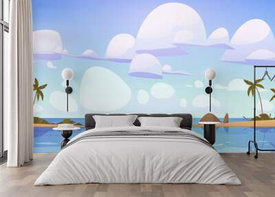 Tropical landscape with sea bay and palm trees on shore. Vector cartoon illustration of summer seascape with lagoon or harbor and sand beach. Concept of exotic vacation, travel and resort Wall mural