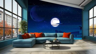 Tropical landscape with sea bay at night. Vector cartoon illustration of seascape with sand beach, silhouettes of palm trees and mountains on horizon, moon and stars in sky Wall mural