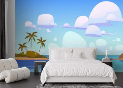 Tropical ocean beach with palm trees. Vector parallax background ready for 2d animation with cartoon seascape, summer landscape with sea lagoon and sand shore Wall mural