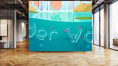 Under water background, cartoon banner with pond, air bubbles, fish and nenuphar flowers floating at sunlight beams cross section view, underwater scene for game or book, Vector illustration Wall mural