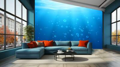 Underwater background, water surface, ocean, sea, swimming pool transparent aqua texture with air bubbles, ripples and sun rays falling, template for advertising. Realistic 3d vector illustration Wall mural