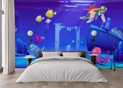 Underwater background with ocean fish, sunken ship and ruins. Vector cartoon of deep seafloor with marine wildlife, treasure chest and shipwrecked steamboat Wall mural