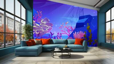 Underwater scene of sea floor with corals and seaweed. Vector cartoon illustration of ocean bottom landscape with stones and tropical undersea animals and plants Wall mural