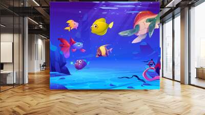 Underwater sea life. Vector cartoon illustration of ocean animals and fish. Undersea landscape with cute octopus, turtle and different fish. Funny aquatic creatures Wall mural