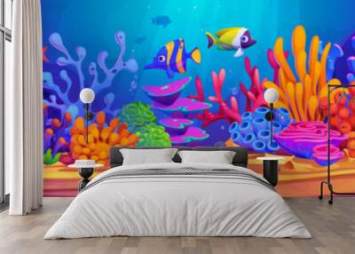 Underwater seaweed plant and coral background. Ocean reef scene with grass, rock, algae weed and tropical decorative fish cartoon game environment wallpaper. Nautical oceanic wildlife graphic design Wall mural