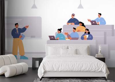 University lecture hall with teacher and students sitting at desks. Concept of education, conference, public seminar. Vector flat illustration of speaker and audience in college classroom Wall mural