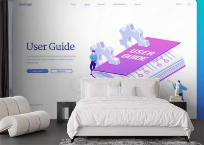 User guide isometric landing page, tiny people at huge manual book, guidance document with cogwheels, men use gadget and screwdriver. Instruction guidance booklet, tutorial help, 3d vector web banner Wall mural