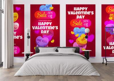 Valentines Day sale banner template. Cartoon vector illustration of promotion leaflet or poster with many colorful hearts on red background. Best prices for holiday shopping. Marketing material design Wall mural