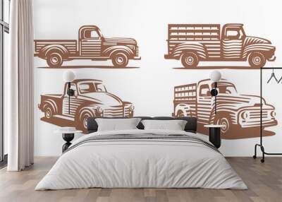 Vintage farmer pickup truck drawing in etching style. Vector woodcut illustration of classic farm car, rustic lorry in side and perspective view isolated on white background Wall mural