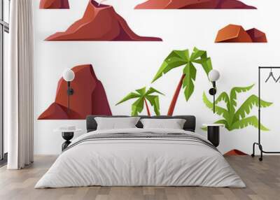 Volcano with smoke, mountains and palm trees isolated on white background. Vector cartoon set of prehistoric landscape, volcanic eruption, rocks with smoking crater, tropical plants and stones Wall mural