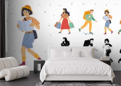 Walking people scenes set. Woman with shopping bags, girl tourist with map, delivery man with backpack on skateboard, school boy and businessman, vector black and white, colored sketch illustration Wall mural