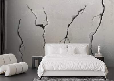 Wall crack texture. Broken ground effect vector. Earthquake on cement floor isolated realistic 3d. Black fracture line or drought land erosion illustration. Old asphalt scratch graphic design Wall mural