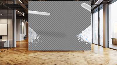 Washing powder piles with measuring scoop isolated on transparent background. Vector realistic set of white detergent heaps with blue particles. Granulated soap for laundry with measure cups Wall mural