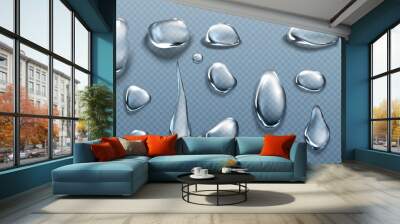 Water drops, clear dews of different shapes, dripping and lying hydration liquid pure droplets, scatter aqua bubbles, glass balls, spheres isolated on transparent background, Realistic 3d vector set Wall mural