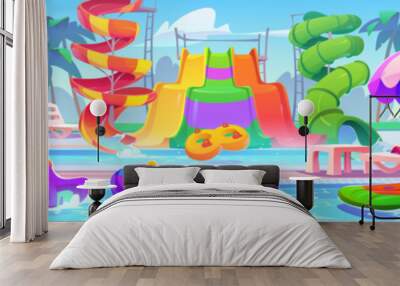 Water slide in summer aqua park swim pool cartoon background. Waterslide with playground and inflatable activity for child to play. Colorful resort pipeline and fountain environment panorama for game Wall mural