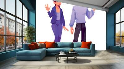 Waving hand welcome people vector illustration. Young man and woman say hello standing cartoon character set. Hi gesture for different adult friend male and female. Isolated stylish human interacting Wall mural