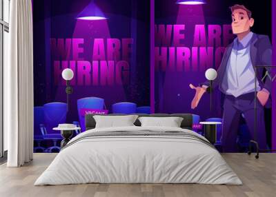 We are hiring posters with empty chair and hr manager. Vector banners of job vacancy, hire staff with cartoon illustration of businessman recruits employee to vacant seat Wall mural