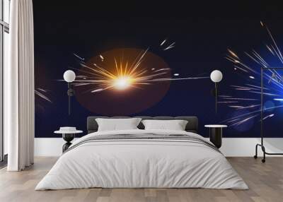 Weld starburst fire and spark effect on dark background. Flare from work of electric welding machine for metal surface. Realistic 3d vector set of sparkler circular flame with flying lightnings. Wall mural