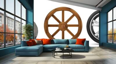 Wheels evolution from primitive stone ring, ancient wooden to modern car tire with disk. History of transport wheels. Vector set of old and new invention isolated on white background Wall mural