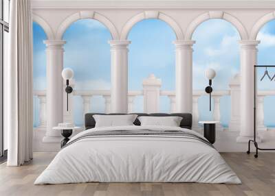 White marble balustrade, arches and columns on balcony or terrace with overlooking to sea. Vector realistic landscape with baroque railing, classic roman pillars, ocean and sky Wall mural