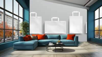 White paper eco bags different shapes. Vector realistic mockup of blank packets with handles isolated on gray background. Template for corporate design on cardboard bag for store or market Wall mural