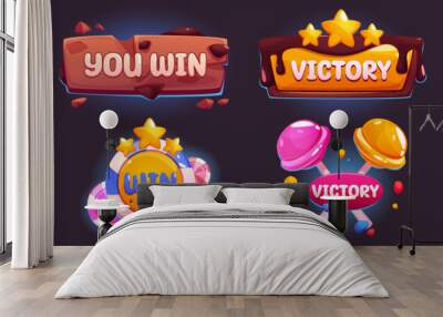 Win level game ui design button for interface. Sweet candy element for victory badge and star score mobile graphic menu kit. Lollipop banner for candyland fantasy popup box. Sugar dessert app icon Wall mural