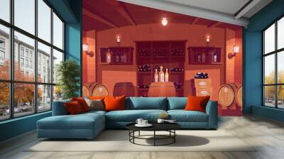 Wine shop, cellar interior with wooden barrels, shelves with glass bottles, boxes with production and glow lamps or candles. Alcohol beverage store in building basement. Cartoon vector illustration Wall mural