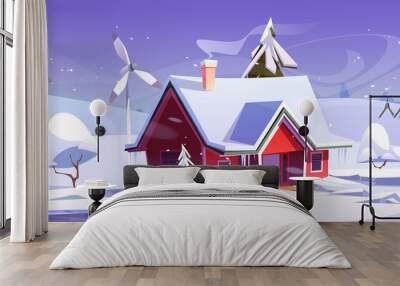 Winter landscape with house and wind turbines. Vector cartoon illustration of snowfall, ice rink, windmills and modern cottage with snow on roof. Eco friendly power generation, green energy concept Wall mural