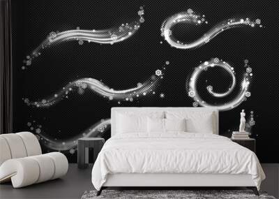 Winter wind effect with swirls and waves of white mist clouds with snow. Vector realistic set of blizzard, frost blowing air with snowflakes isolated on transparent background Wall mural